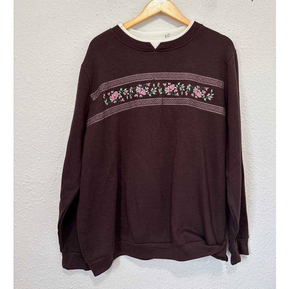 embroidered rose sweatshirt chocolate brown granny sweater feminine floral